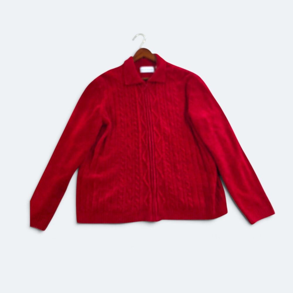 Alfred Dunner Red Chenille Cable Knit Full Zip Cardigan Sweater Women's Size L